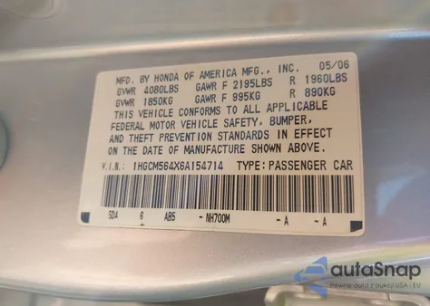 2006 Honda Accord 2.4 Lx from USA, damaged, VIN 1HGCM564X6A154714